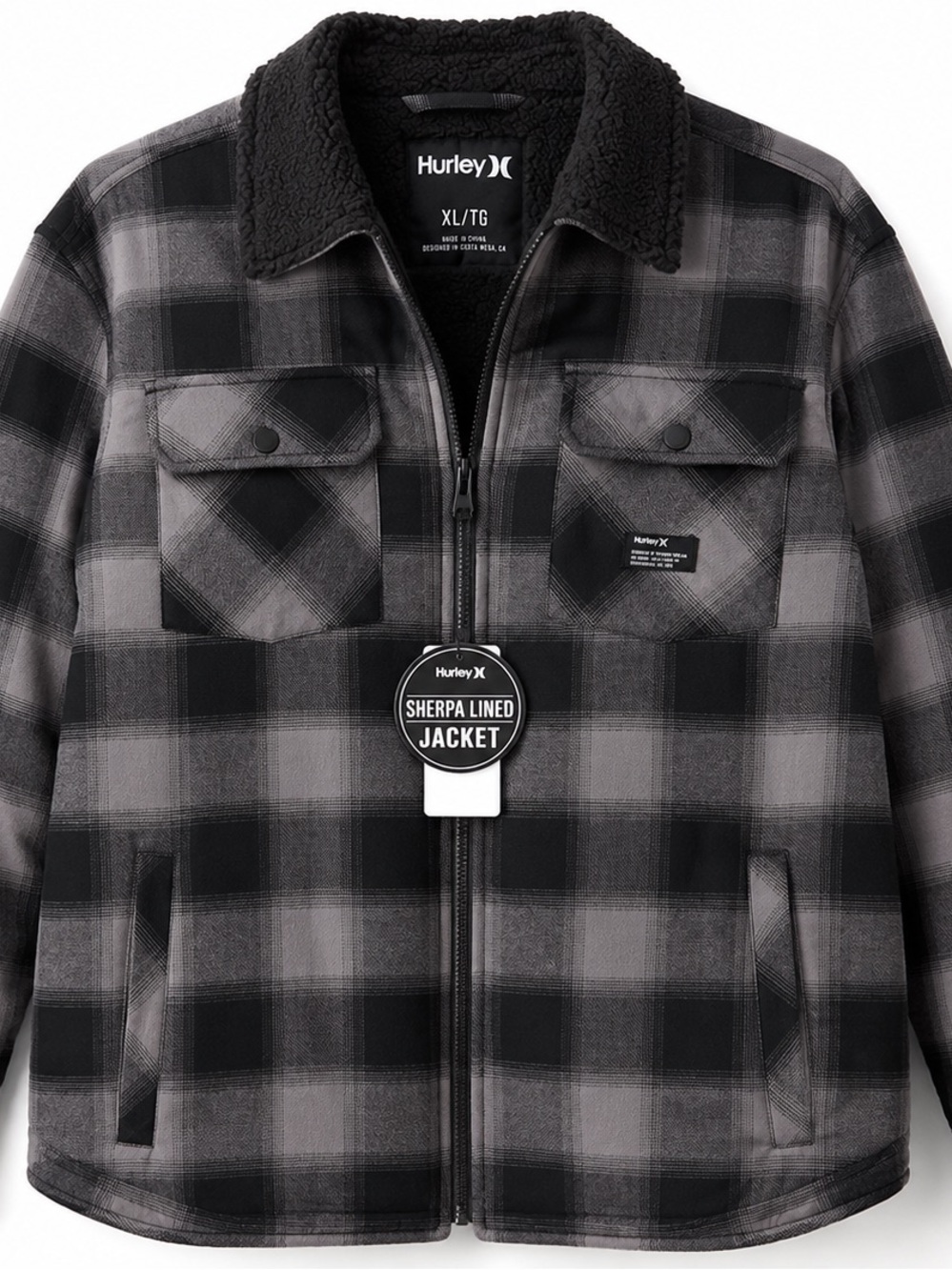 NWT Hurley Sherpa Lined Plaid Jacket XL Black Gray Full Zip Men’s Coat